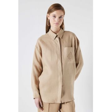 Camasa supradimensionata de in cu buzunar pe piept - Maro deschis