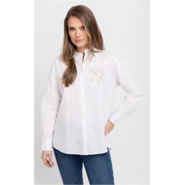 Camasa supradimensionata din bumbac cu broderie decorativa pe piept -  K-Celli - Alba - Alb