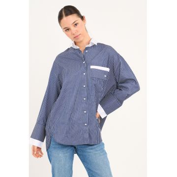 Camasa supradimensionata din bumbac cu model in dungi - Alb/Albastru inchis