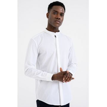 Camasa uni din bumbac cu guler Mao - Alb optic