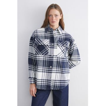 Jacheta-camasa lejera in carouri - Alb murdar/Bleumarin