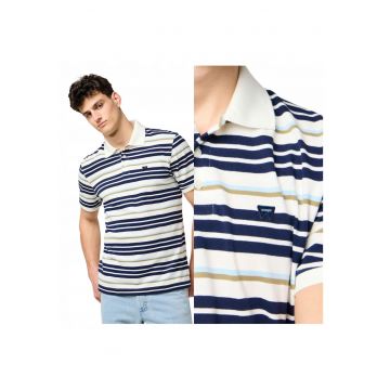 Tricou Polo Barbati -  Stripe Polo Shirt - Regular Fit - Maneci Scurti - Cu Nasturi - Design Clasic - Bumbac - Multicolor - Alb