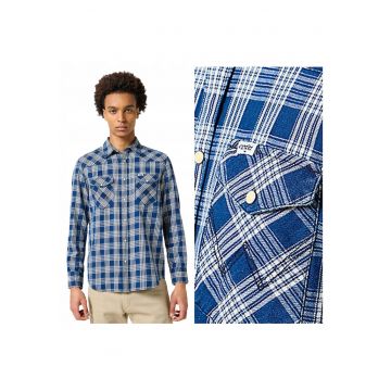 Camasa Barbati -  Western Indigo Shirt - Regular Fit - Design Clasic - Maneci Lungi - Cu Guler - Cu Nasturi - Bumbac - Albastru - Albastru