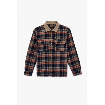 Camasa cu guler contrastant - buzunare cu clapa pe piept si carouri - Rosu/Bej/Bleumarin