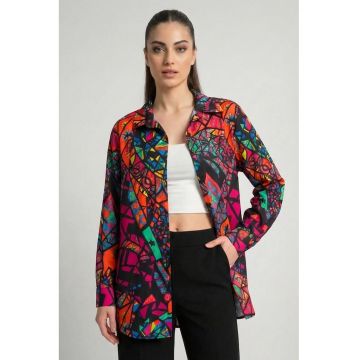 Camasa  cu maneca lunga - roz magenta - din viscoza - imprimeu colorat