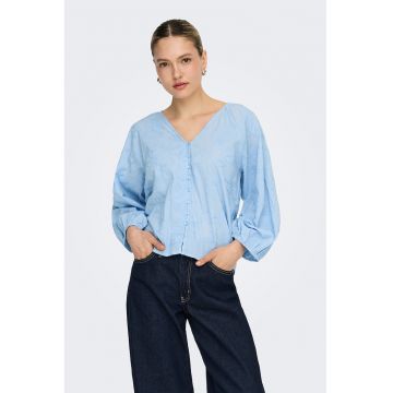 Camasa cu maneci bufante si broderie florala - Albastru lavanda