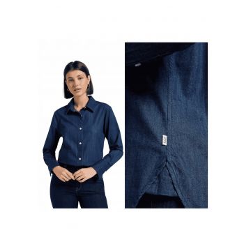 Camasa Dama -  Classic Shirt - Regular Fit - Design Clasic - Maneci Lungi - Cu Guler - Cu Nasturi - Bumbac - Albastru - Albastru