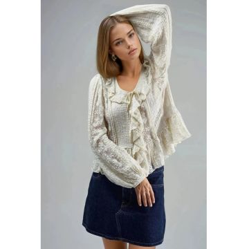 Camasa dama -  cu volane din dantela - decolteu in V - bumbac/nylon/elastan - bej