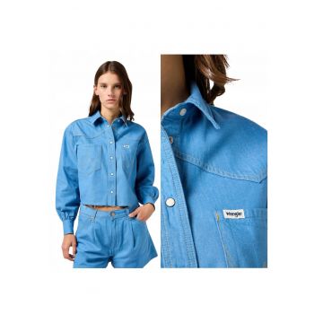 Camasa Dama -  Cut Off Shirt - Regular Fit - Design Clasic - Lungime Scurta - Maneci Lungi - Cu Nasturi - Bumbac - Albastru - Albastru