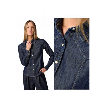 Camasa Dama -  Exag Yoke Shirt - Regular Fit - Aspect Denim - Desfwqign Clasic - Maneci Lungi - Cu Nasturi - Bumbac - Albastru - Negru