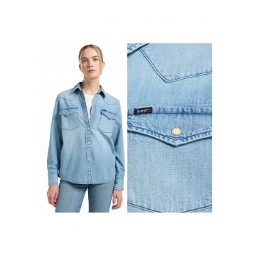 Camasa Dama -  Western Shirt - Regular Fit - Design Clasic - Maneci Lungi - Cu Guler - Cu Nasturi - Bumbac - S INTL - Albastru