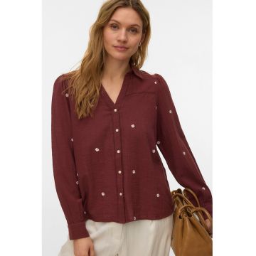 Camasa de bumbac cu broderie florala - Alb/Rosu inchis