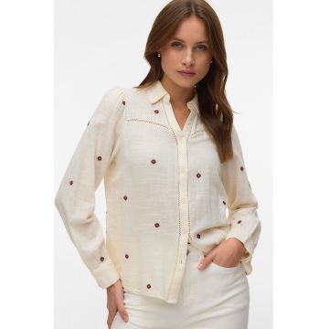 Camasa de bumbac cu broderie florala - Visiniu/Alb fildes/Coral