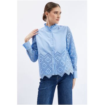 Camasa de bumbac cu broderie San Gallo - Albastru deschis