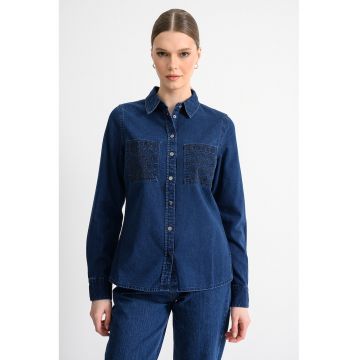 Camasa de denim cu buzunare pe piept - Negru/Albastru inchis