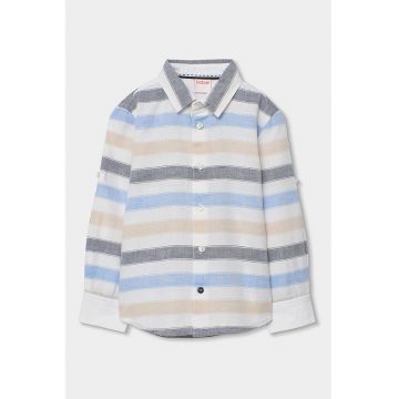 Camasa din amestec de in - Alb/Maro nisip/Albastru