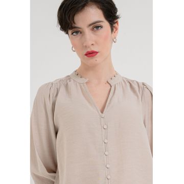 Camasa din amestec de in cu decolteu in V - Maro nisip