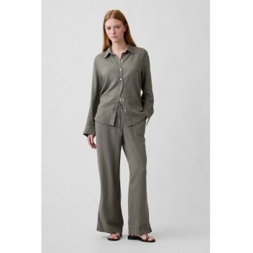 Camasa din amestec de in cu nasturi - Kaki