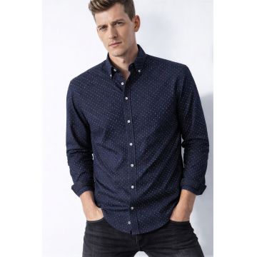 Camasa din bumbac cu guler fixat cu nasturi - Alb/Bleumarin