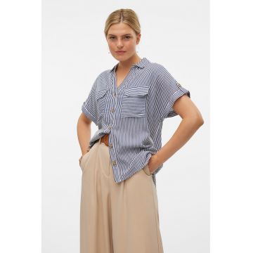 Camasa lejera cu decolteu in V - Alb/Albastru inchis