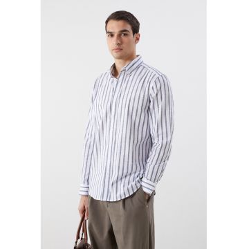 Camasa Oxford de bumbac cu dungi - Alb/Bleumarin