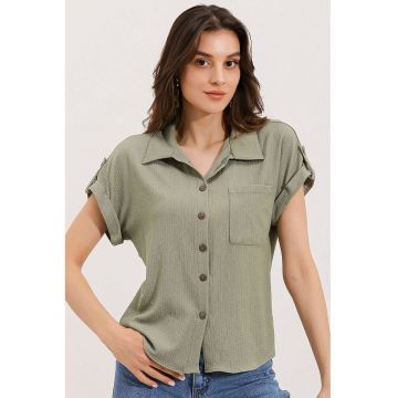 Camasa tricotata dama - HiCCUP - cu maneca scurta - jerseu - verde padure