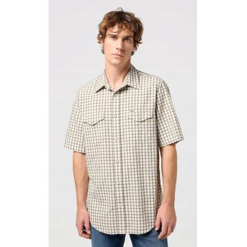 Camasa barbati -  carouri - verde - bumbac - maneca scurta - 2 buzunare cu clapa. -