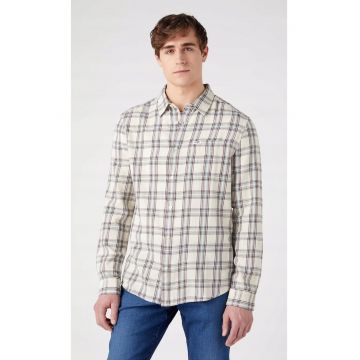 Camasa barbati -  cu 1 buzunar - carouri ecru - alb - bordo - bumbac -