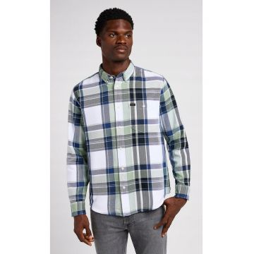 Camasa barbati  model Riveted - croiala lejera - carouri alb - bleumarin si verde fistic - bumbac organic