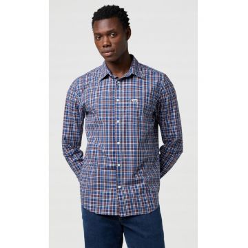 Camasa barbati -  poplin - albastru in carouri - bumbac - maneca scurta