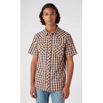 Camasa barbati -  SS Western - croiala regulata - carouri bej - bleumarin si rosu - bumbac -