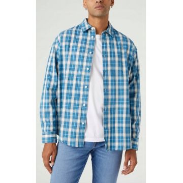 Camasa barbati -  supradimensionata - bumbac - albastru - maneca scurta - fermoar si nasturi -