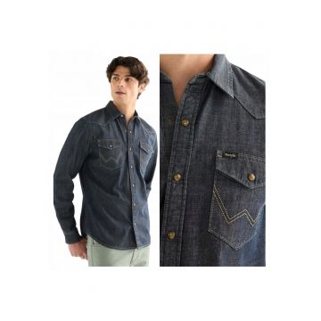 Camasa Barbati -  Western Shirt - Regular Fit - Maneca Lunga - Denim Aspect - Stil Casual - Cu Nasturi - Bumbac - S INTL - Albastru