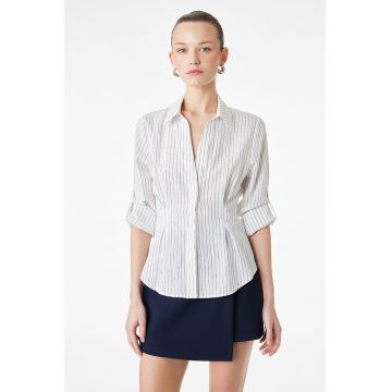 Camasa cu dungi si maneci plisate - Alb/Gri inchis