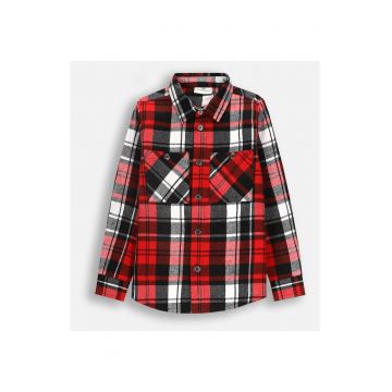 Camasa cu maneca lunga -  model in carouri - guler si buzunare - multicolor - bumbac