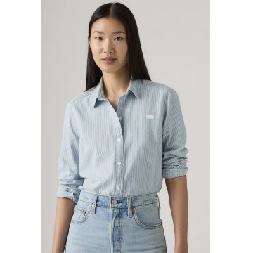 Camasa cu model in dungi si guler ascutit - Alb/Albastru deschis