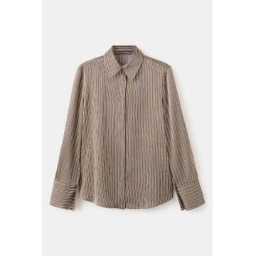 Camasa cu model in dungi si guler clasic - Alb/Maro camel