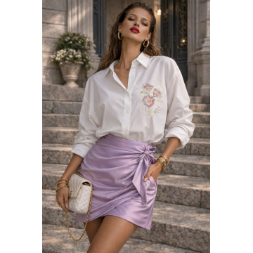 Camasa dama alba din bumbac cu broderie papadie roz