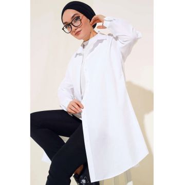 Camasa dama -  Camasa lunga poplin - alb - textil - Alb