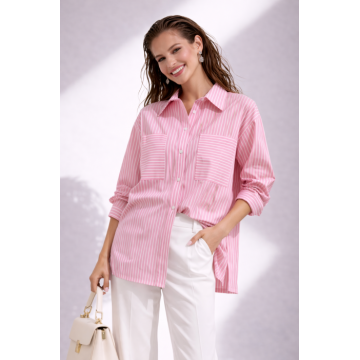 Camasa dama roz cu dungi si buzunare supradimensionate
