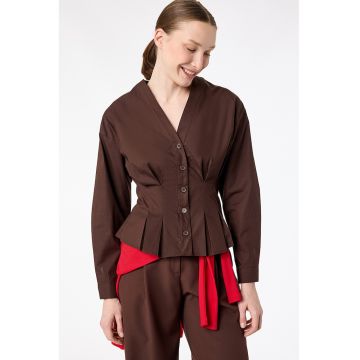 Camasa de bumbac cu decolteu in V - Maro inchis