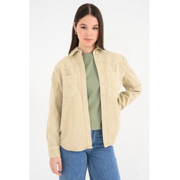 Camasa de denim cu buzunare aplicate - Maro camel