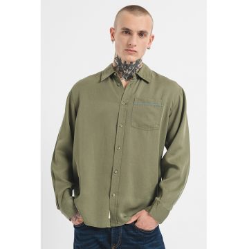 Camasa de lyocell cu buzunar pe piept - Verde sparanghel