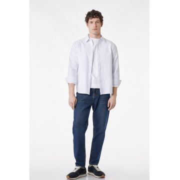 Camasa din amestec de bumbac cu model in dungi - Alb