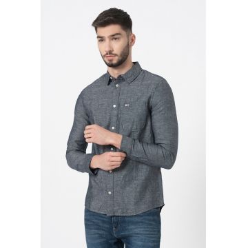 Camasa din amestec de bumbac organic si in - Alb/Bleumarin