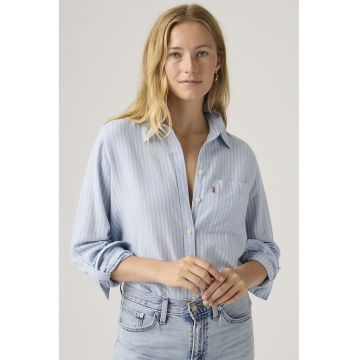 Camasa din amestec de bumbac si in cu model in dungi - Alb - Albastru pal -