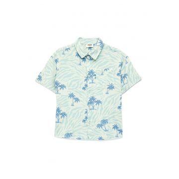 Camasa din amestec de in cu imprimeu tropical - Albastru petrol/Albastru