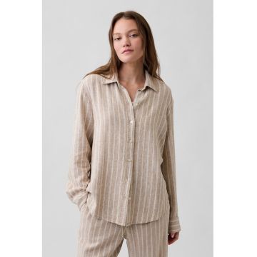 Camasa din amestec de in cu nasturi - Alb/Kaki