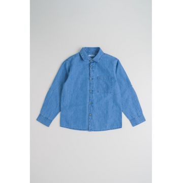 Camasa din amestec de lyocell cu buzunar pe piept - Albastru