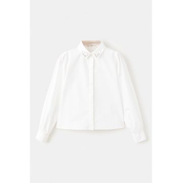 Camasa din bumbac cu aplicatii din strasuri - Alb
